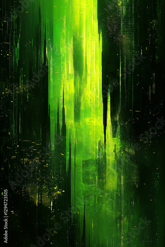 Futuristic green abstract digital artwork with glowing vertical structures, resembling a sci-fi cityscape or cyberpunk environment photo