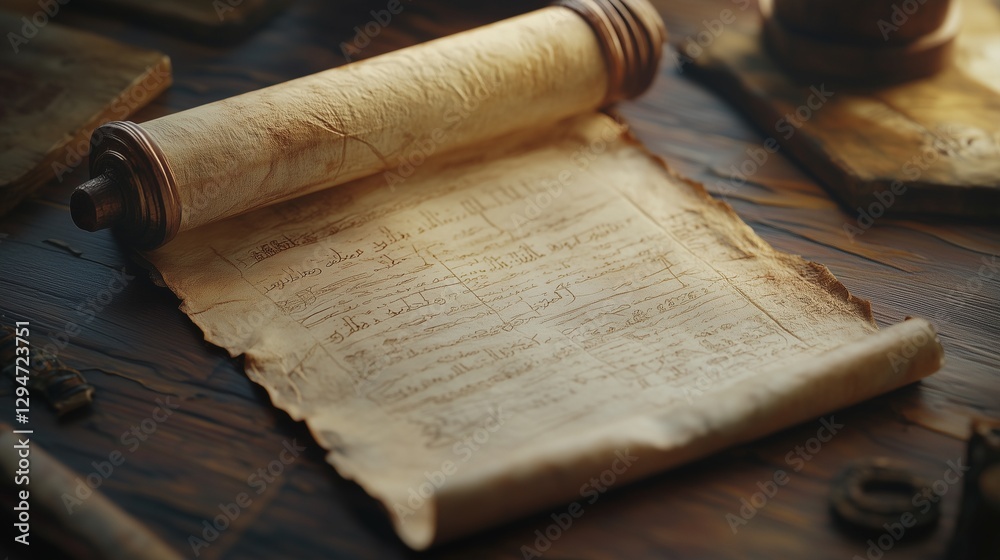 Fototapeta premium Old parchment scroll on wooden table. A mockup of a scrolling scroll in the ancient alpha parchment. Abstract abstract abstract abstract. A aged parchment scroll resting on a wooden table lifestyle.