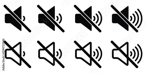 sound on off icons vector in line style . sound volume and mute icon. Volume allow and volume prohibit icon set. Sound and Mute. Volume icon set. EPS 10