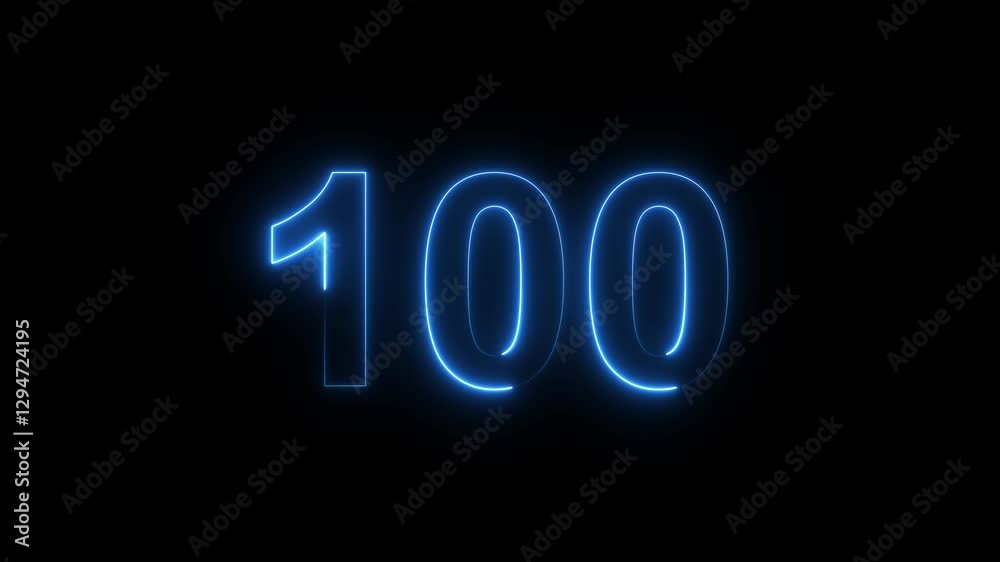 Glowing neon light digital number 100. light cyan color symbol, seamless loop animation on black background, Educational mathematics concept with neon letter 100 digit with alpha channel . Glowing neon light digital number 100. light cyan color symbol, seamless loop animation on black background, Educational mathematics concept with neon letter 100 digit with alpha channel .