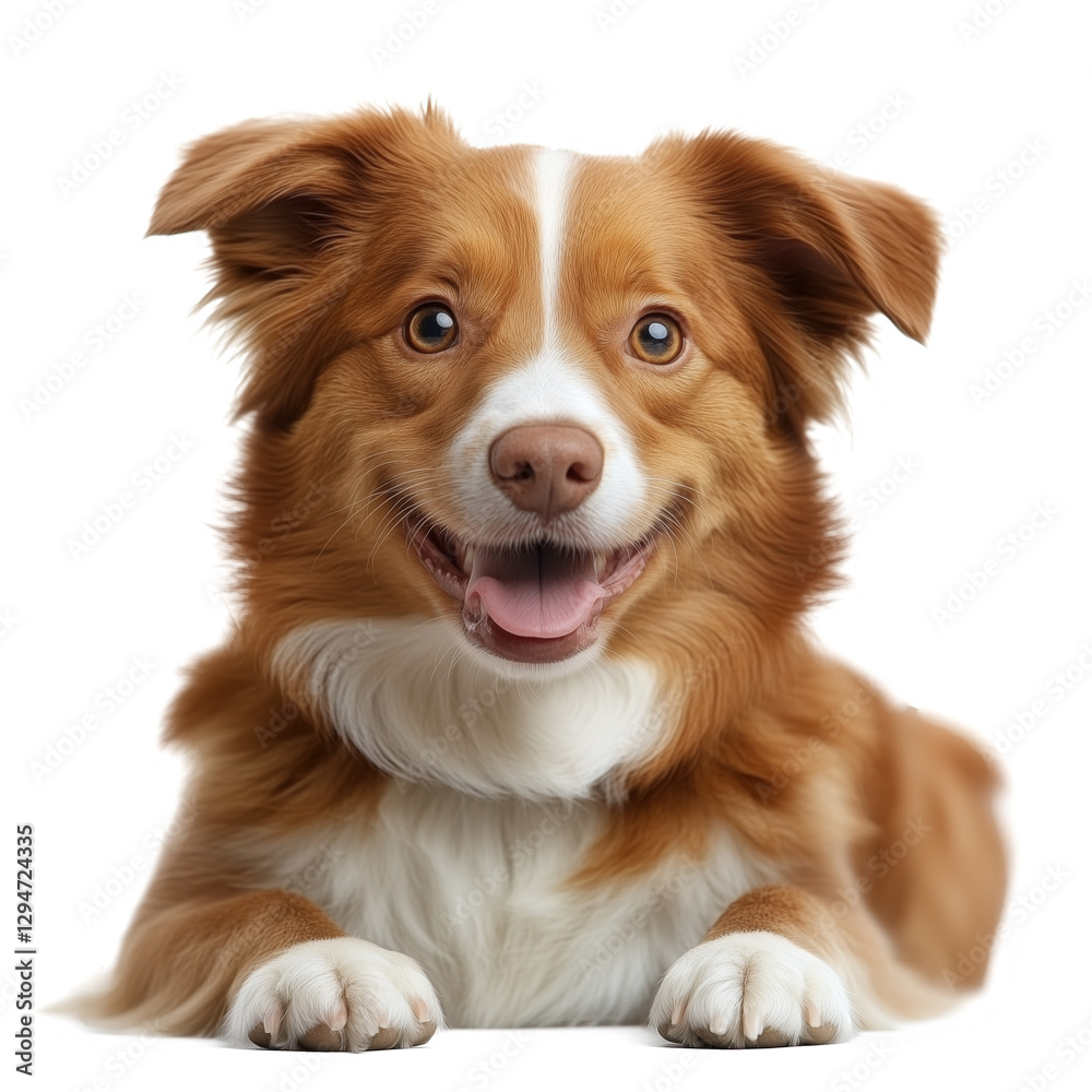 Fototapeta premium Happy Dog With a Playful Expression Resting on a Soft Surface Indoors