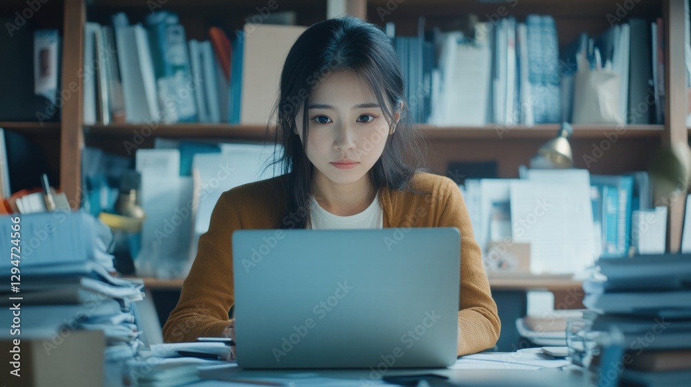 Fototapeta premium Young Asian Professional Reviewing Reports on Her Laptop.