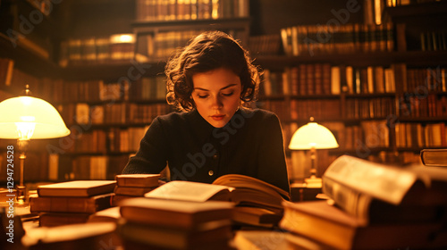 A Scholarly Pursuit: A young woman immersed in study, surrounded by the comforting ambiance of a classic library.