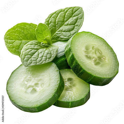 Fresh Cucumber Slices With Mint Leaves Arranged on a Bright Background