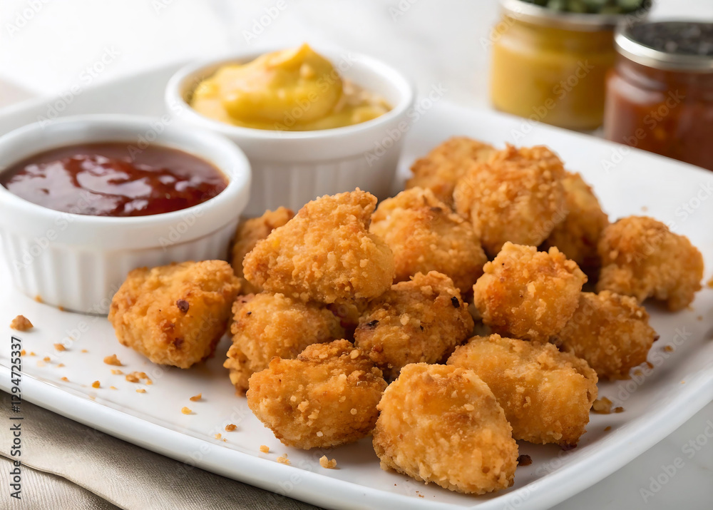 A white plate topped with golden-brown, crispy tater tots, accompanied by three bowls of sauces: ketchup and mustard. In the background, there are two glass jars with different colored liquids, and th A white plate topped with golden-brown, crispy tater tots, accompanied by three bowls of sauces: ketchup and mustard. In the background, there are two glass jars with different colored liquids, and th