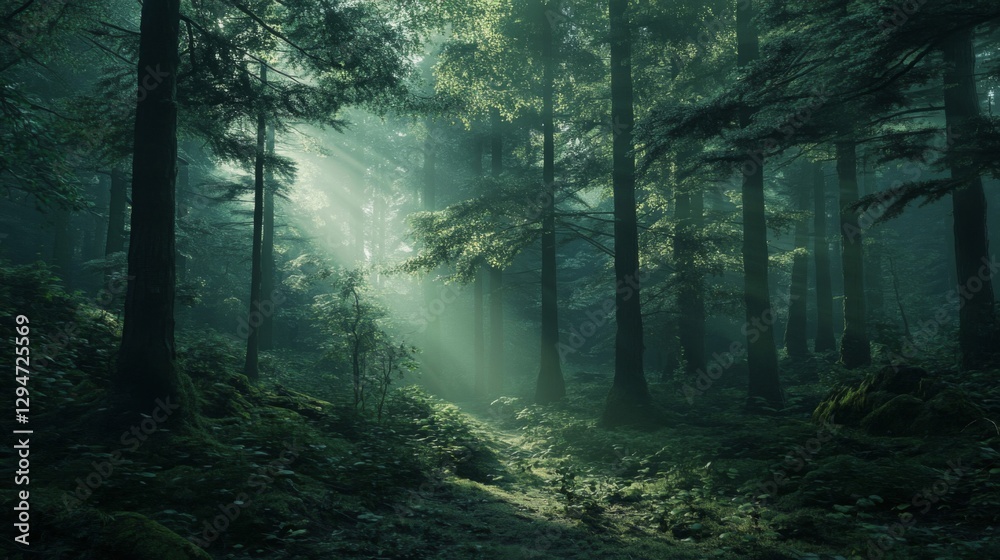 Obraz premium Sunlit Path Through a Misty Green Forest