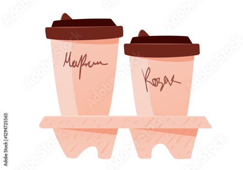 Two takeaway mugs in convenient packaging for going out. Concept of hot drinks to take to the office or to the park. Paper mugs with plastic lids and customer names. Hand drawn vector illustration