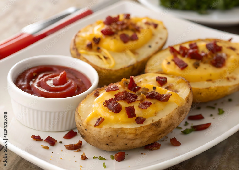 A white plate topped with three baked potatoes covered in cheese and bacon, accompanied by a bowl of ketchup. The potatoes have a golden-brown hue, the cheese is melted and bubbly, and the bacon is co A white plate topped with three baked potatoes covered in cheese and bacon, accompanied by a bowl of ketchup. The potatoes have a golden-brown hue, the cheese is melted and bubbly, and the bacon is co