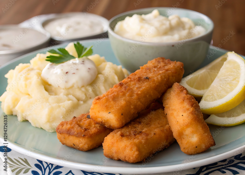 A plate of golden-brown fish sticks accompanied by creamy mashed potatoes and a bowl of creamy sauce, garnished with a slice of lemon. The plate is placed on a cloth with a floral pattern, and the bac A plate of golden-brown fish sticks accompanied by creamy mashed potatoes and a bowl of creamy sauce, garnished with a slice of lemon. The plate is placed on a cloth with a floral pattern, and the bac