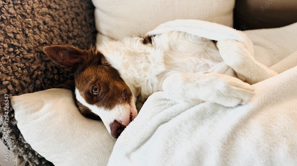 Young dog wrapped in a blanket, looking curiously. Young dog wrapped in a blanket, looking curiously.