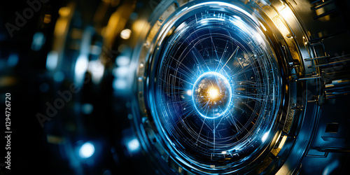 Futuristic glowing energy core with metallic details and digital circuits, copy space