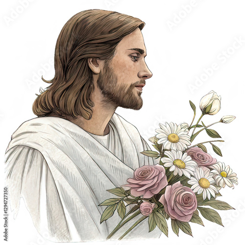 Portrait of Jesus Christ with a Bouquet of Flowers, Roses, Symbol of Divine Love and Sacrifice, Generative AI