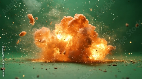 Orange explosion against green screen, debris flying