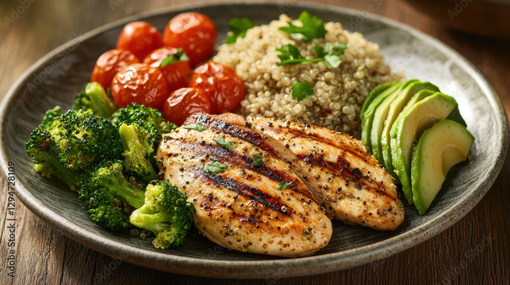 A beautifully plated grilled chicken breast served with quinoa, steamed broccoli, cherry tomatoes, and avocado slices, styled on a rustic wooden table with soft natural lighting A beautifully plated grilled chicken breast served with quinoa, steamed broccoli, cherry tomatoes, and avocado slices, styled on a rustic wooden table with soft natural lighting