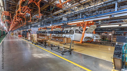 Conveyor assembly line of a passenger car.
