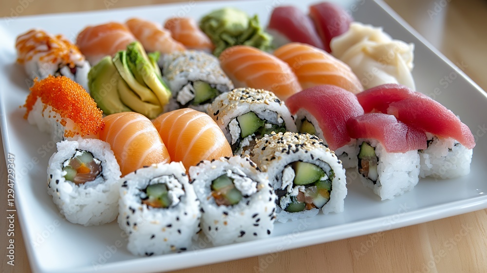 Variety of Sushi and Sashimi on White Plate Variety of Sushi and Sashimi on White Plate