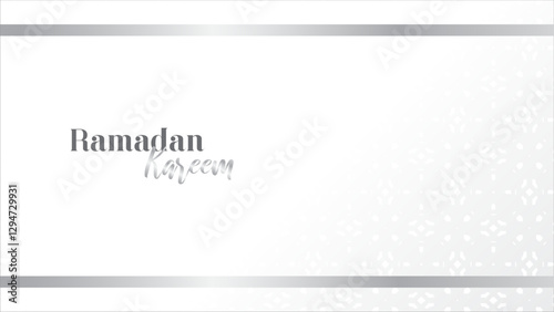 Elegant Ramadan Kareem design. Minimalist style. White background. Silver accents. Horizontal layout. Islamic geometric pattern detail. Calligraphic text. Clean presentation. Festive greeting.