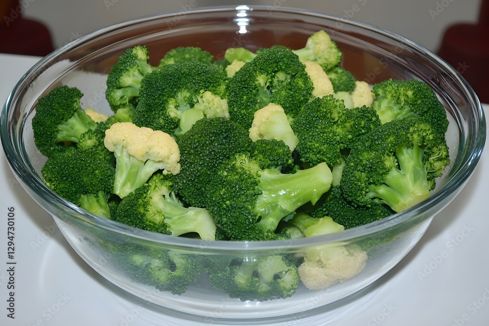 Fresh Broccoli and Cauliflower Florets in Glass Bowl Fresh Broccoli and Cauliflower Florets in Glass Bowl