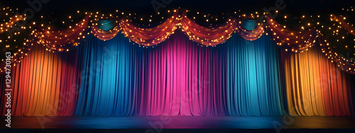 An ethereal stage with pink and gold curtains
