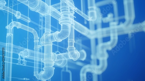 Blueprints of pipes and pipes. Blueprints for plumbing connections in the pipes. A blue background with a generative ai. 