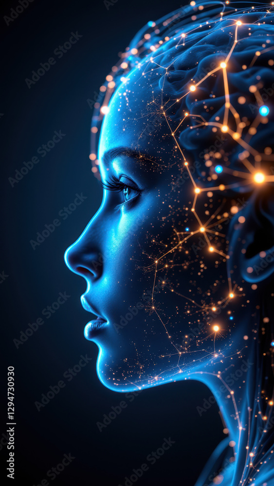 Obraz premium A person's face with a network of stars or particles representing artificial general intelligence (AGI).