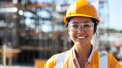 Japanese female site manager in protective gear at construction site