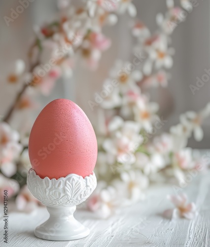 pink easter egg in elegant white egg cup with spring blossoms in soft focus background  
