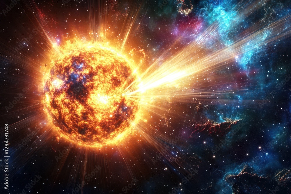 Obraz premium Vibrant solar flare erupting from the sun in a stunning cosmic landscape