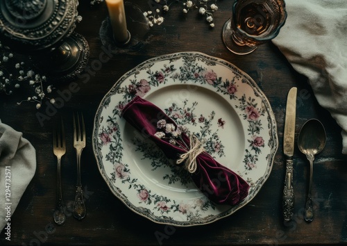 Vintage porcelain table setting with antique silverware and crystal glassware and rustic atmosphere. Antique table set design