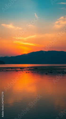 A tranquil sunset paints the landscape in orange and teal hues