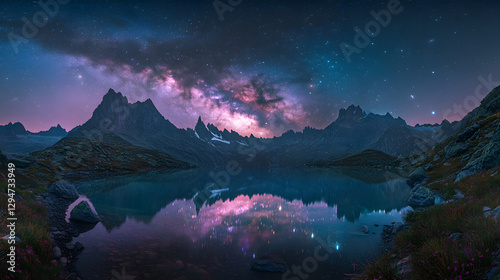 A vibrant Milky Way glowing in teal and magenta reflected perfectly in the still waters of a mountain lake.