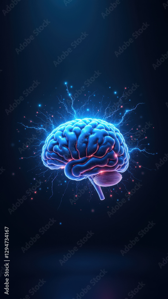 Fototapeta premium Illustration of an artificial intelligence concept with a human brain-like structure at its center, surrounded by electricity and light effects on a dark background.