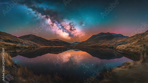 A vibrant Milky Way glowing in teal and magenta reflected perfectly in the still waters of a mountain lake.