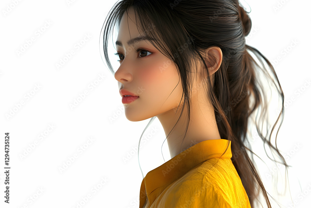 Pensive young Asian woman in a yellow shirt, 3D rendered Pensive young Asian woman in a yellow shirt, 3D rendered