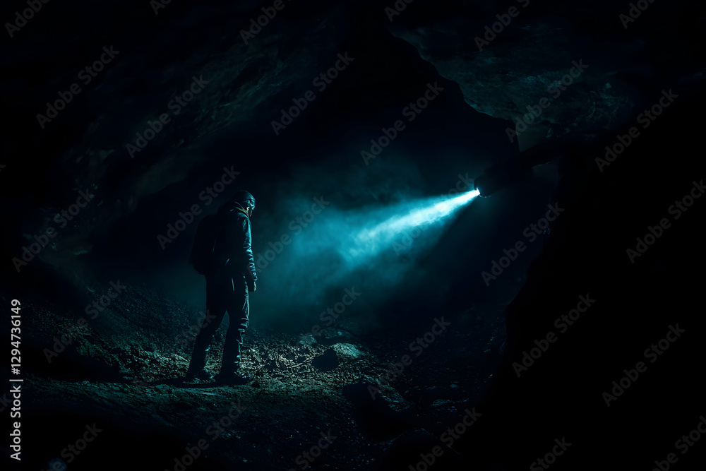 Flashlight illuminating dark cave exploration scene Flashlight illuminating dark cave exploration scene