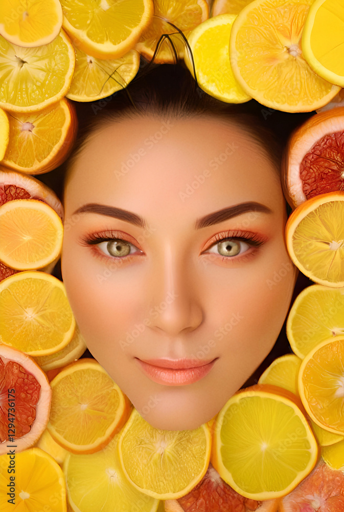 fashionable artwork with surprised girl face around oranges slices. close up. conceptual digital artwork. Ai generated