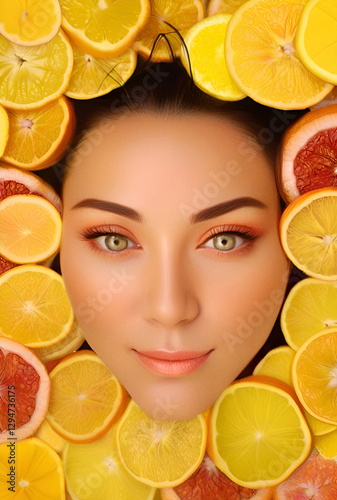 Obraz na płótnie fashionable artwork with surprised girl face around oranges slices. close up. conceptual digital artwork. Ai generated w salonie
