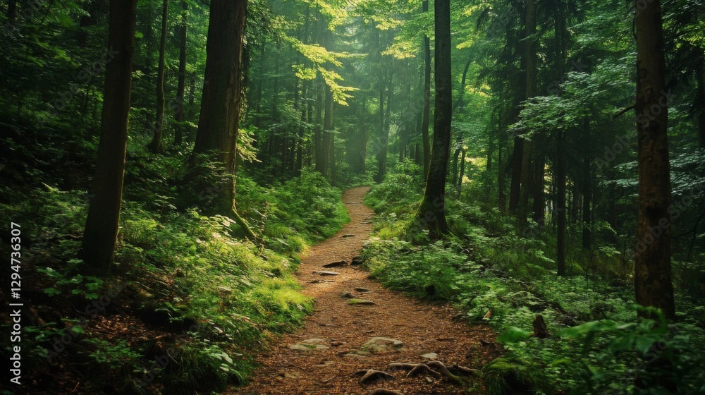 Obraz premium Sunlit Forest Path: Lush Green Canopy and Winding Trail