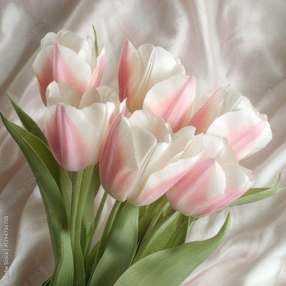 Fototapeta premium Close-up of a bouquet of pink and white tulips on silk fabric.