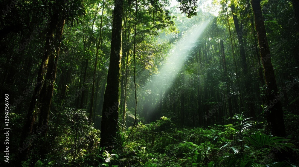 Obraz premium Sunlight Beams Through Lush Green Rainforest