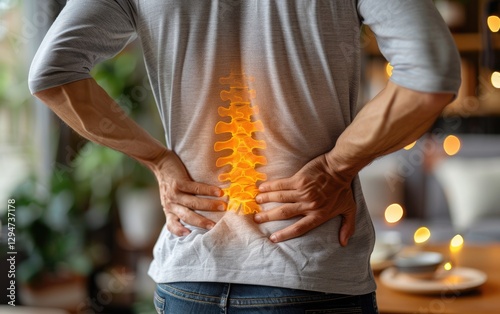 Back pain: spinal discomfort, posture strain, nerve pressure, muscular tension, vertebrae stress, skeletal misalignment, chronic stiffness, lumbar soreness, movement restriction, physical discomfort,, photo