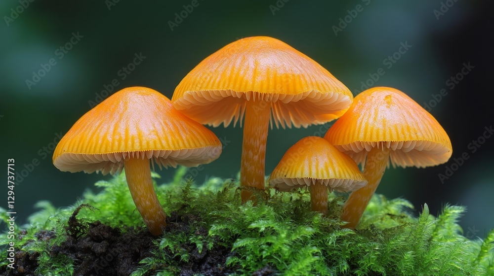 A Group of Vibrant Orange Mushrooms Growing from Mossy Forest Ground. Generative AI A Group of Vibrant Orange Mushrooms Growing from Mossy Forest Ground. Generative AI