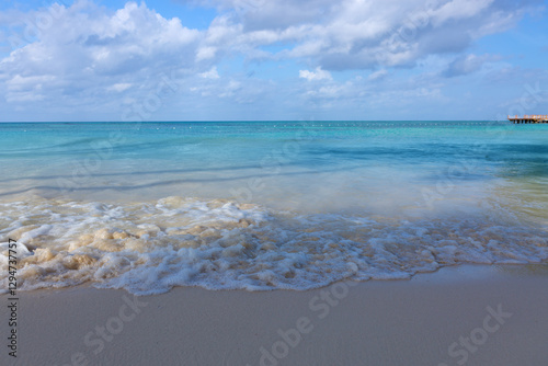 Tropical paradise beach with white sand and blue sky.