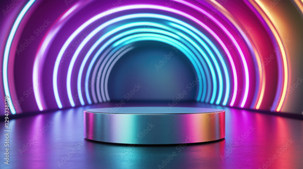 Futuristic Metallic Silver Podium with Sharp Edges in a Sci-Fi Tunnel Illuminated by Neon LED Lights tech-inspired product visuals Futuristic Metallic Silver Podium with Sharp Edges in a Sci-Fi Tunnel Illuminated by Neon LED Lights tech-inspired product visuals