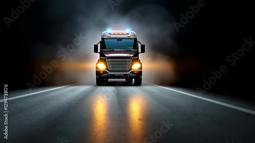 Illuminated truck on highway at night, headlights shining, symbolizing transportation, commerce, and night travel.
