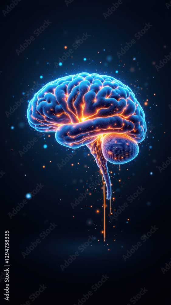 Fototapeta premium A detailed illustration of a human brain with glowing neurons against a cosmic backdrop, symbolizing artificial general intelligence (AGI) and technological advancement.