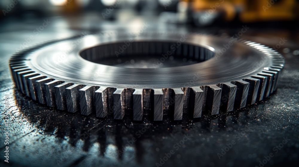 Precision-machined gear, factory floor, industrial background, manufacturing Precision-machined gear, factory floor, industrial background, manufacturing