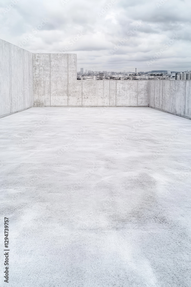 Concrete empty rooftop parking area. Modern infrastructure on new building. Rooftop parking lot. Concrete empty rooftop parking area. Modern infrastructure on new building. Rooftop parking lot.
