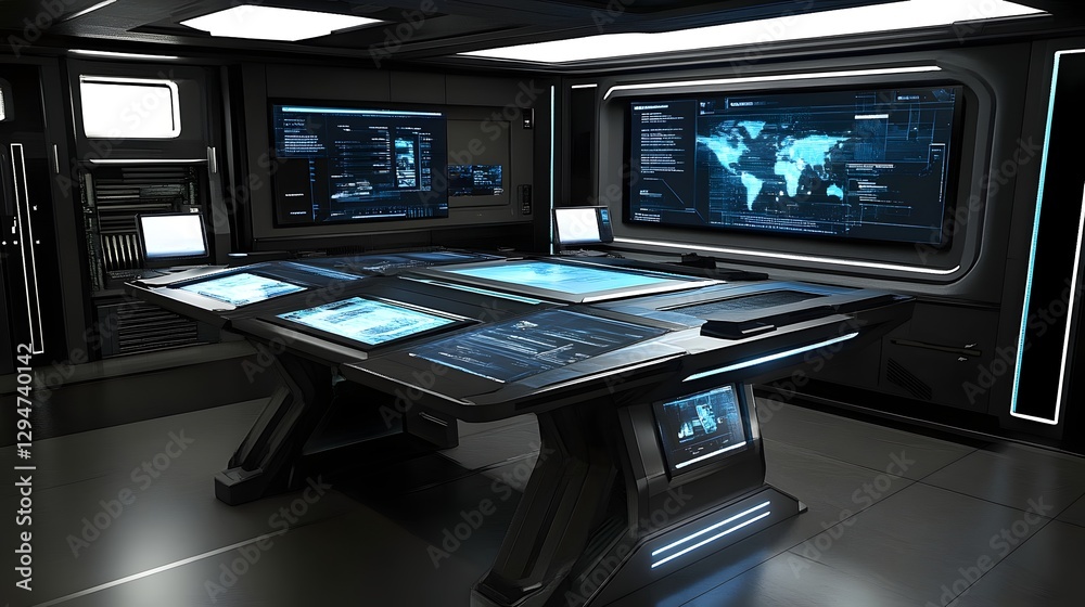 High-tech control room featuring multiple screens displaying data and a world map, with sleek design High-tech control room featuring multiple screens displaying data and a world map, with sleek design