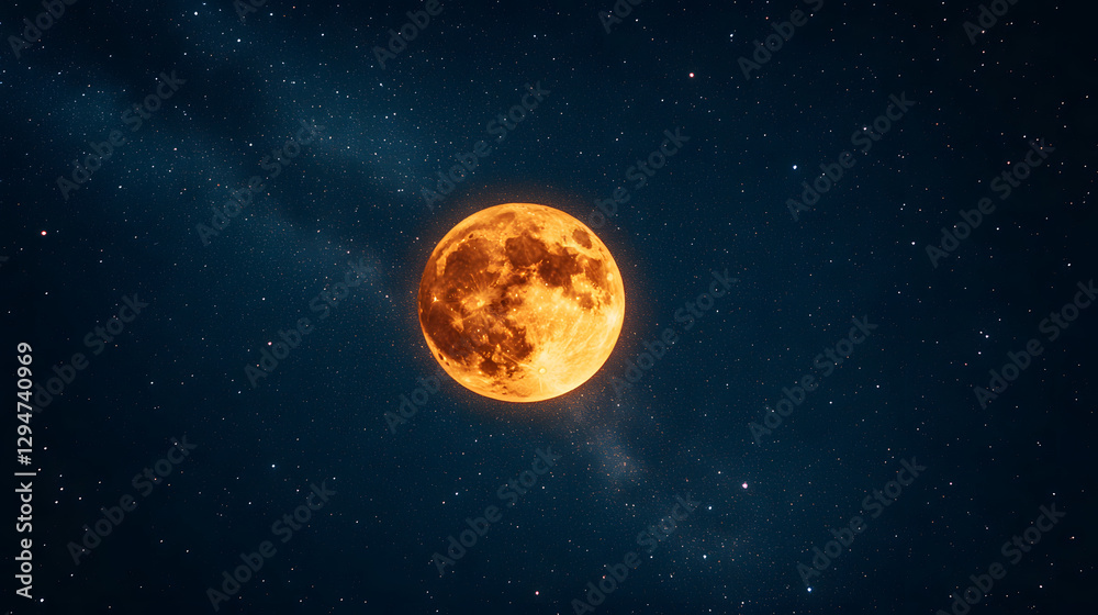 Obraz premium The Milky Way in warm golden tones blending with the orange glow of a rising moon.